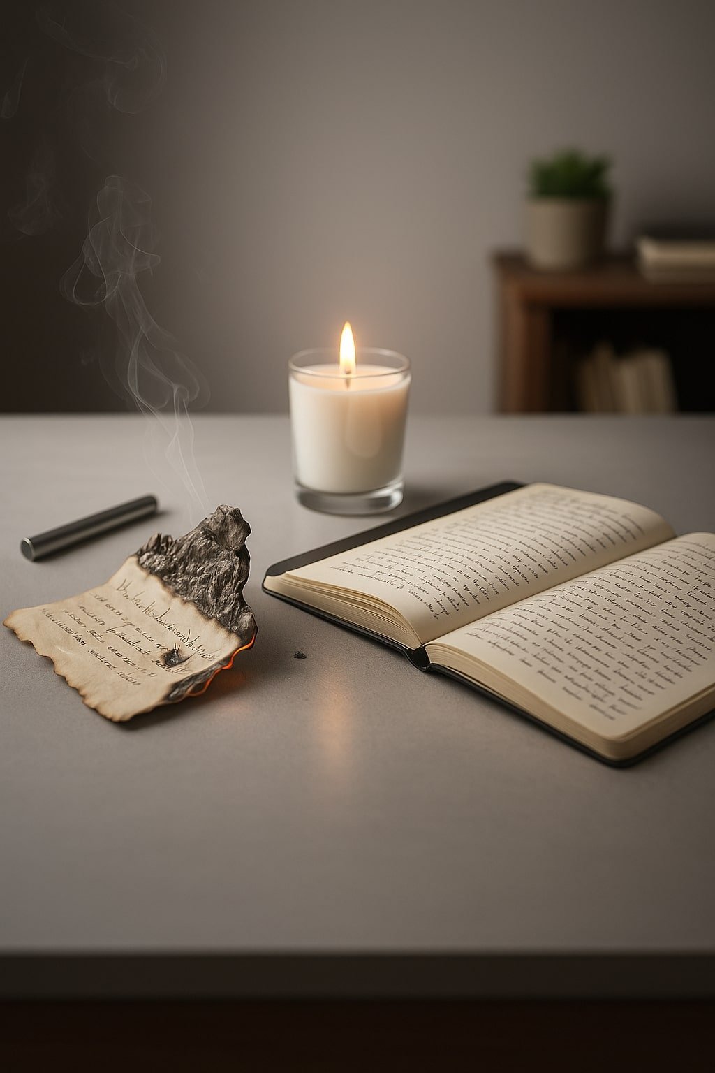 An open journal with a burned letter symbolizing emotional closure.