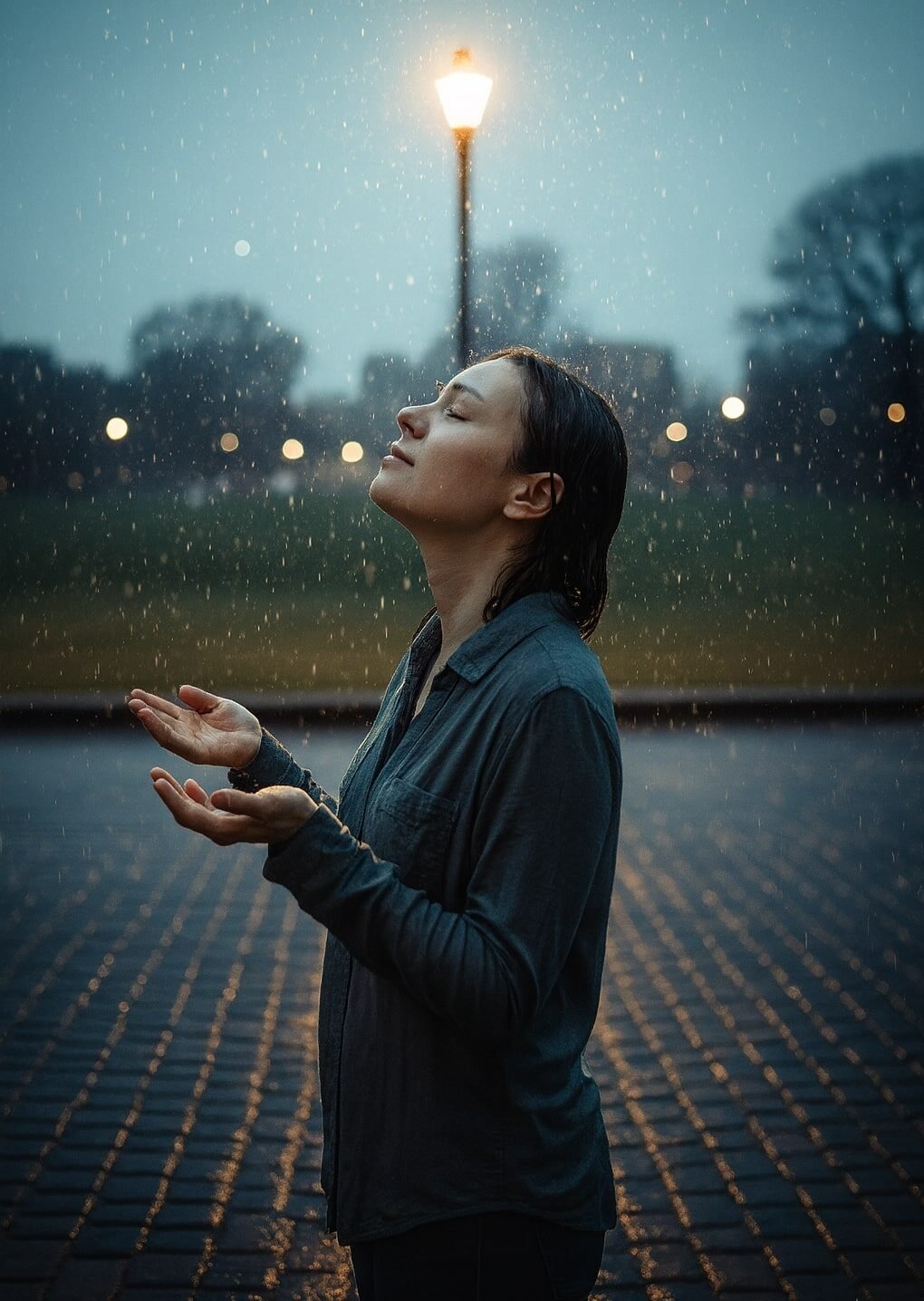Person standing in the rain, showing acceptance and emotional release.