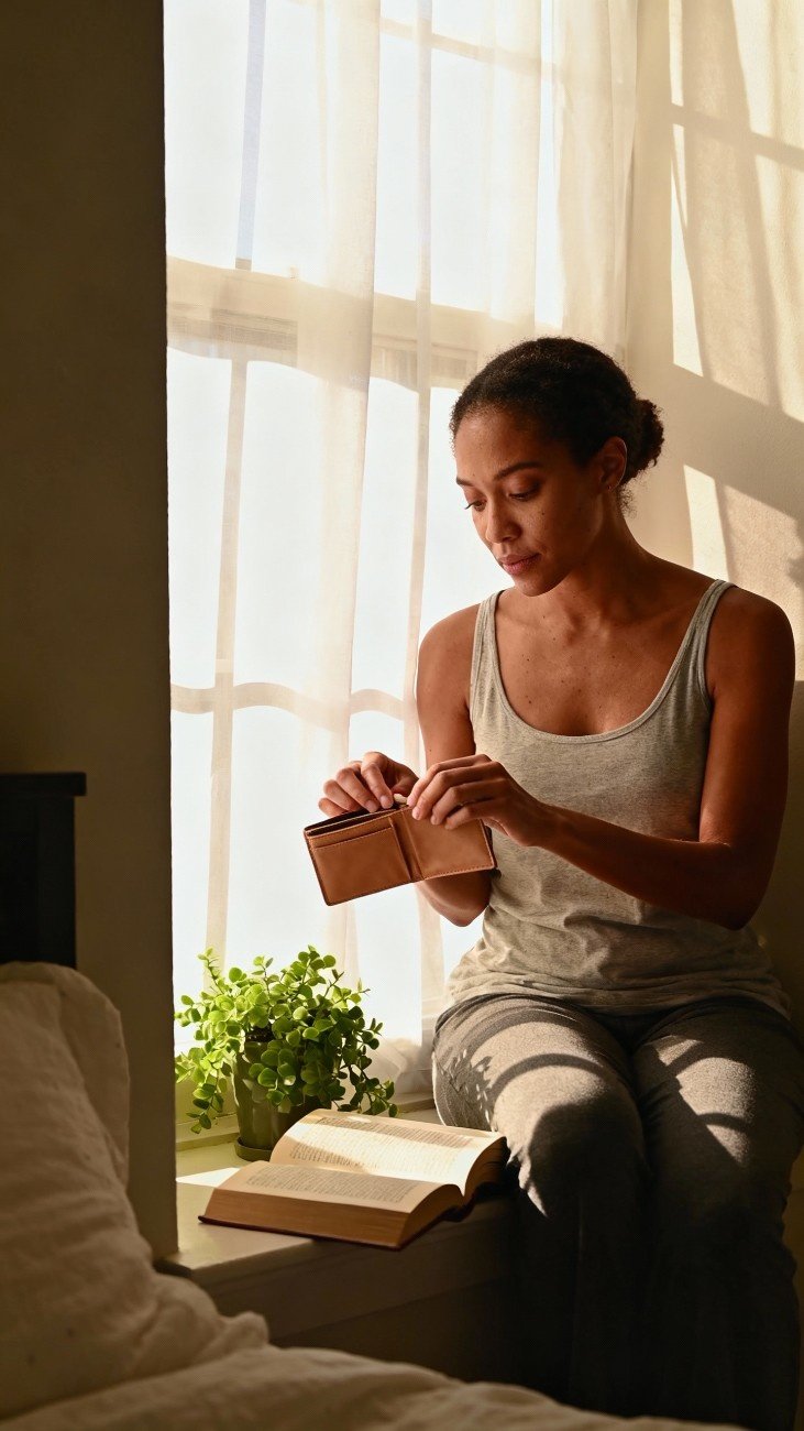 Woman opening her wallet in a cozy room near a window.