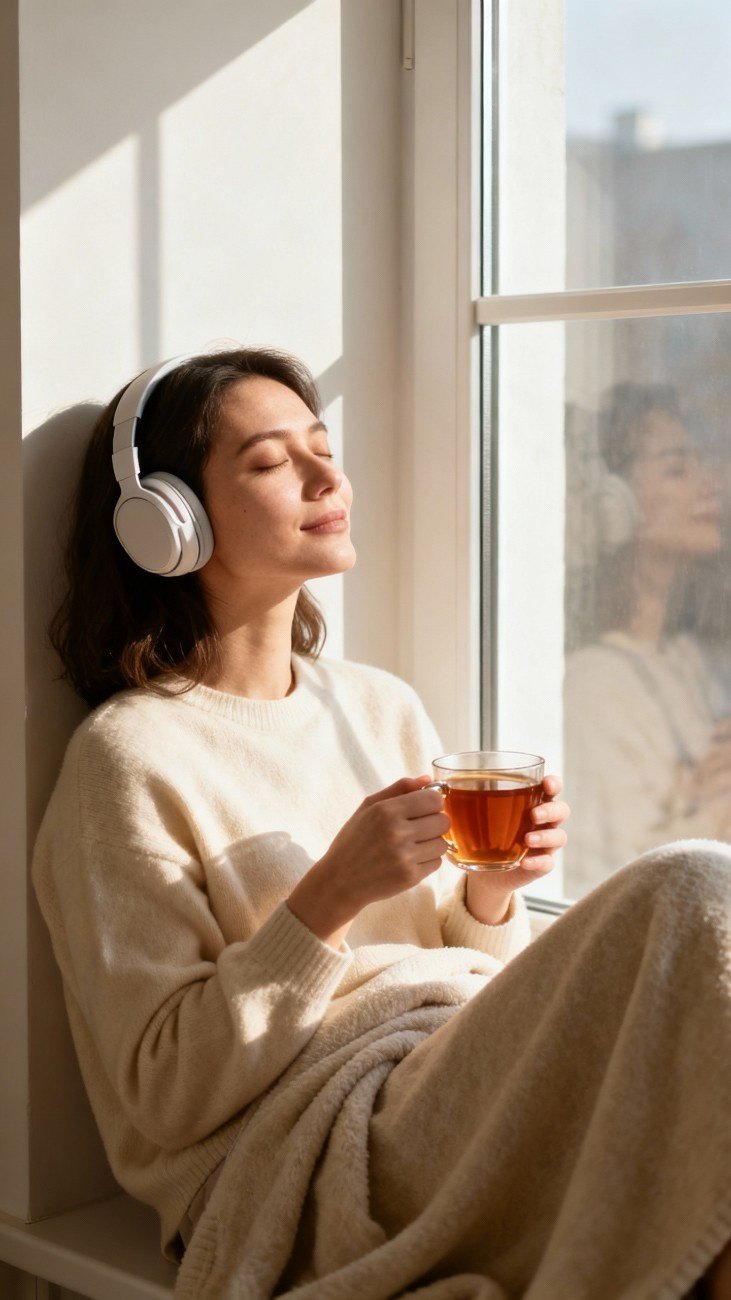 Woman relaxing with headphones and tea after work, representing rest and mental recharge.