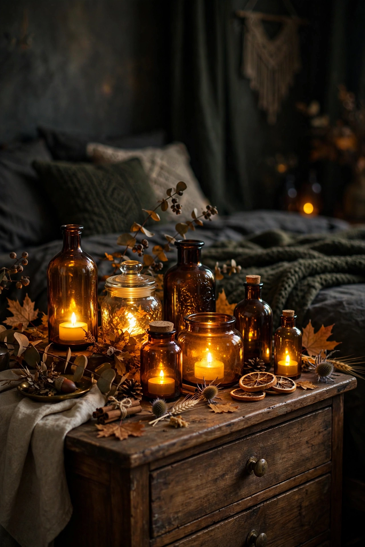 Amber glass bottles with LED tea lights on a dresser