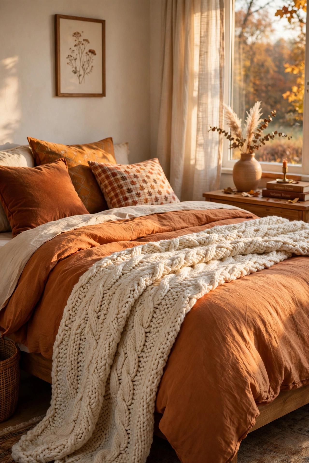 Chunky knit throw draped across the foot of a bed