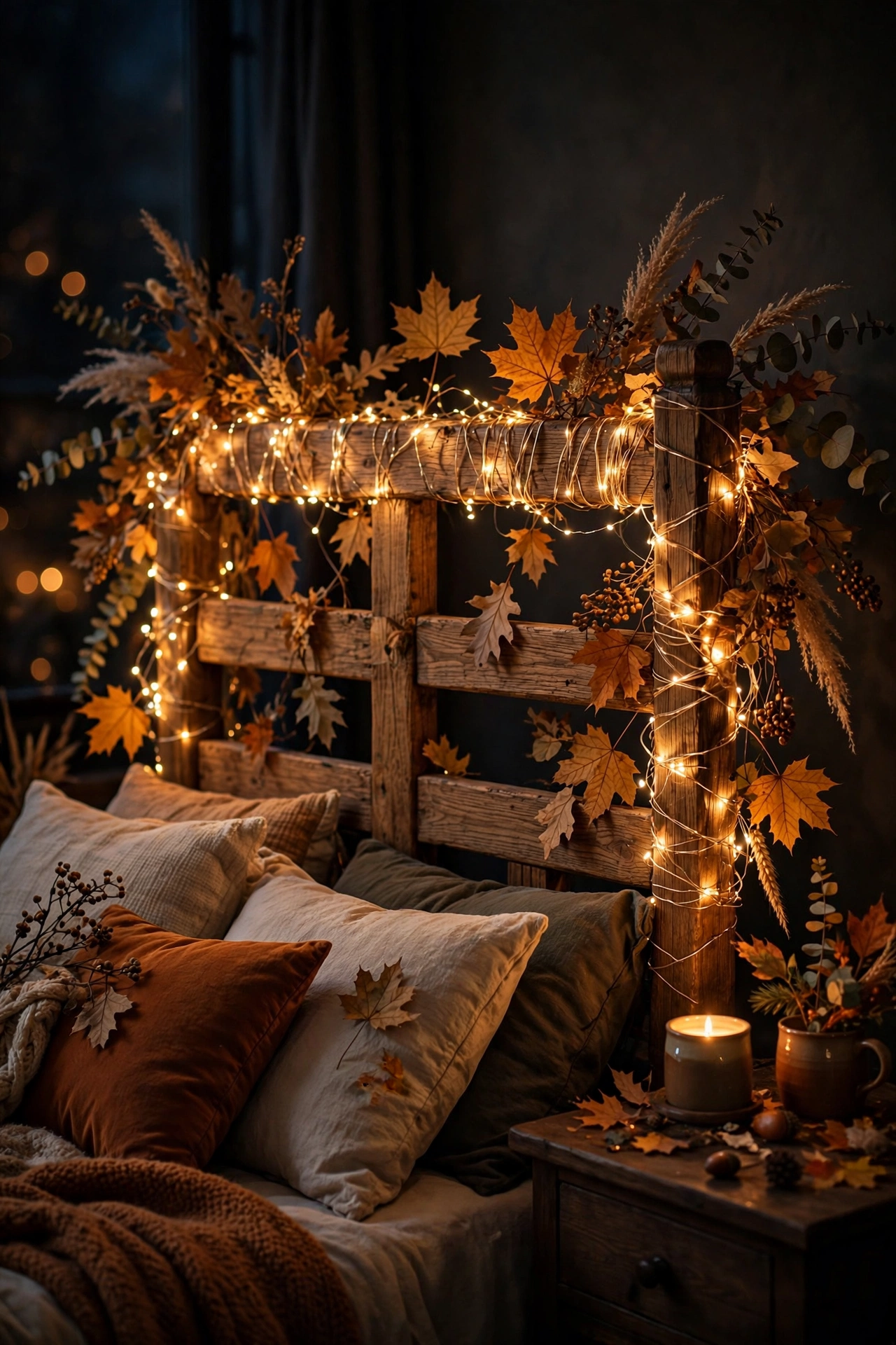 Warm fairy lights woven around a bedroom mirror