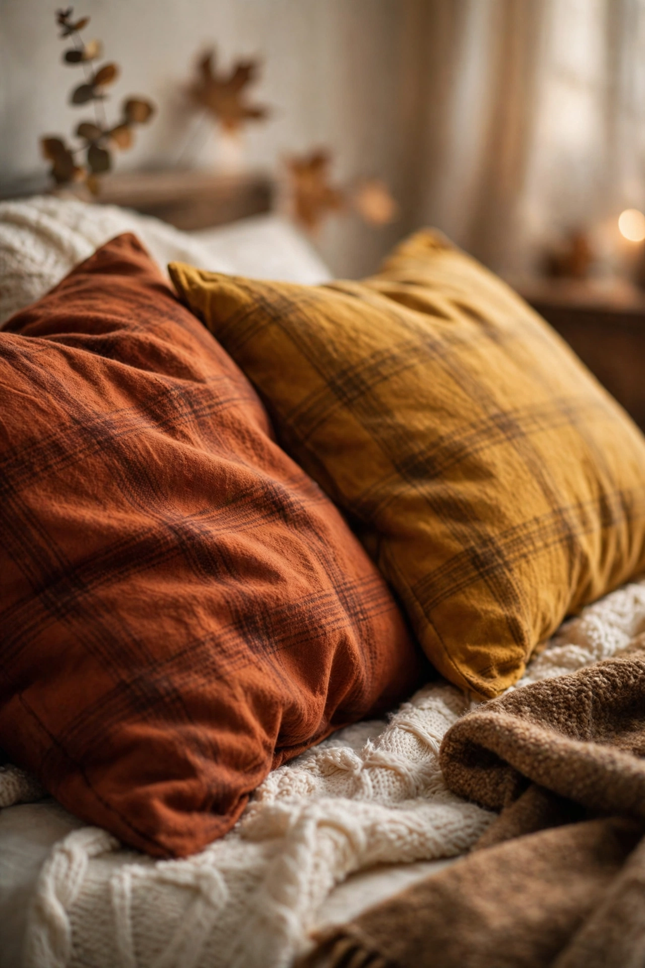 Flannel pillowcases in warm fall tones on a bed