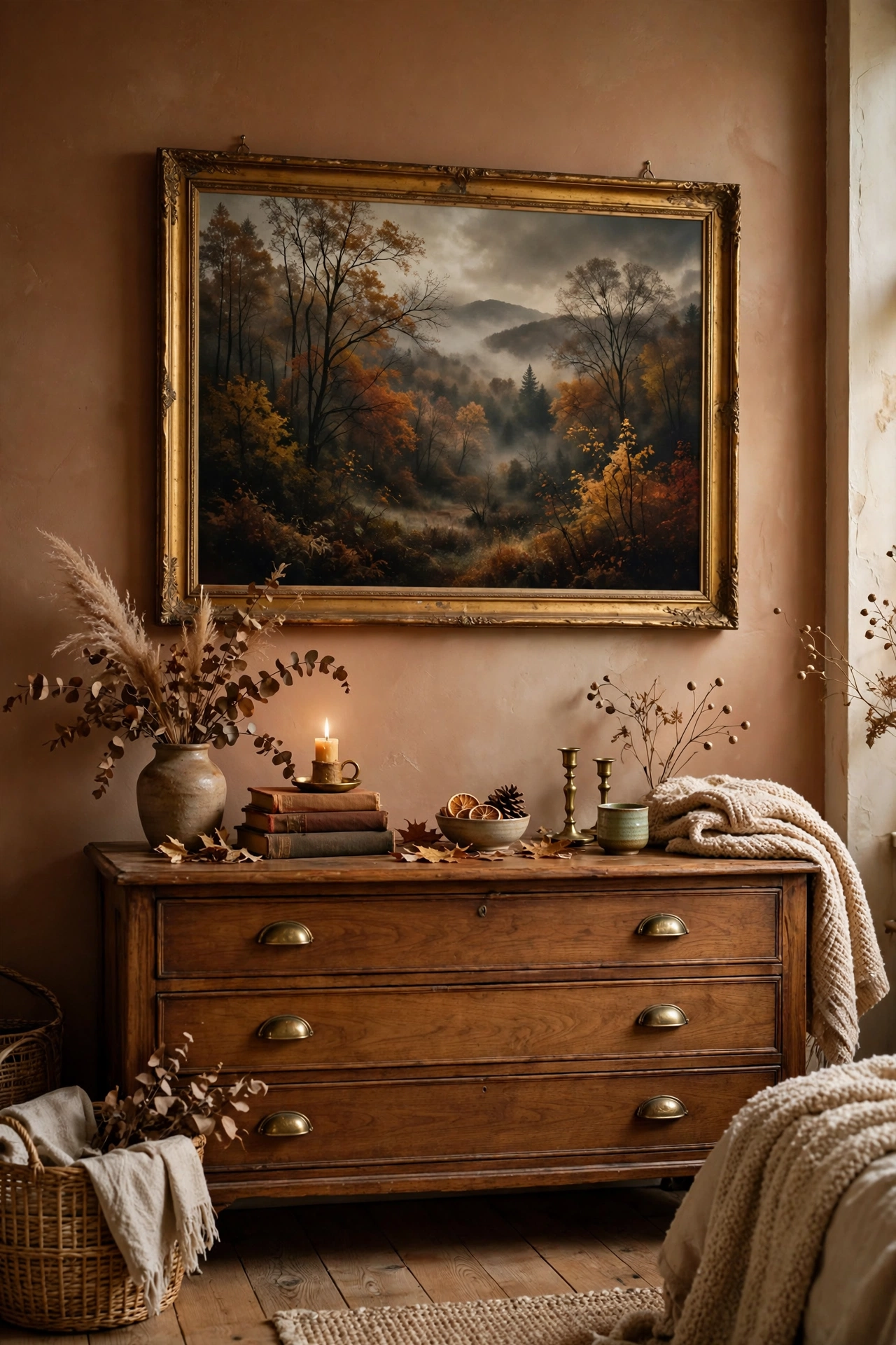Framed fall printable art hanging on a bedroom wall