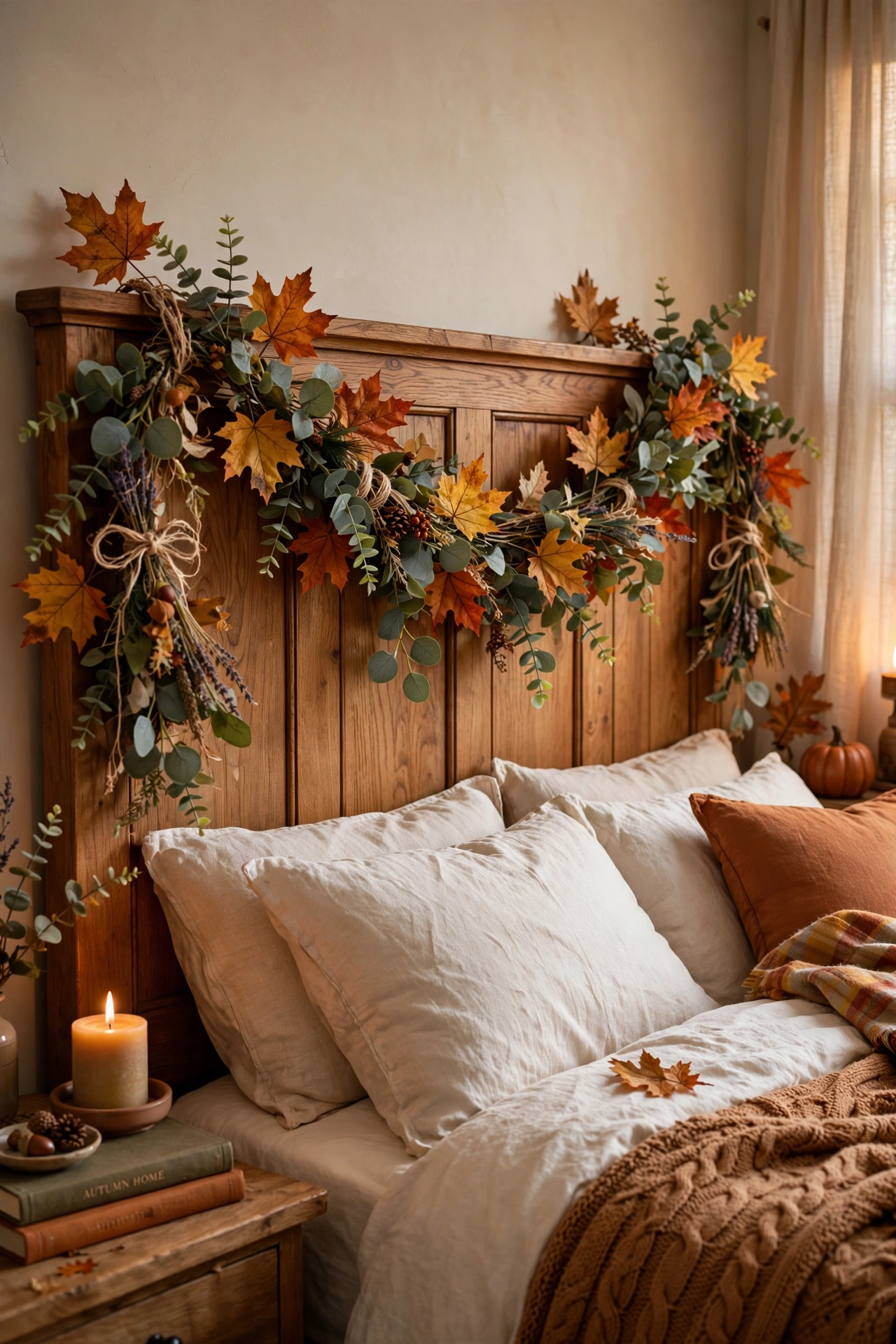 DIY fall garland draped over a headboard