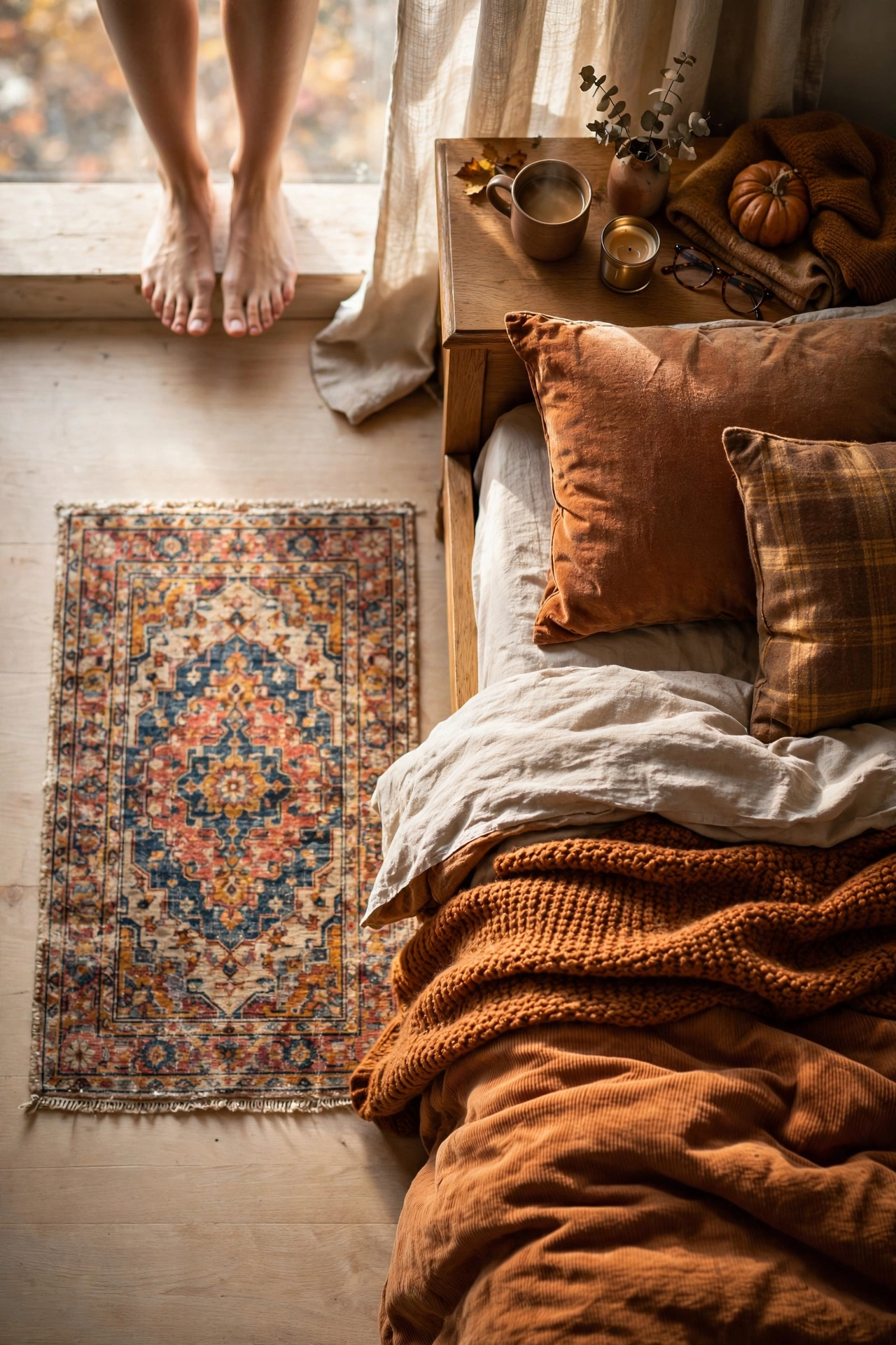 Small vintage-style rug placed beside a bed