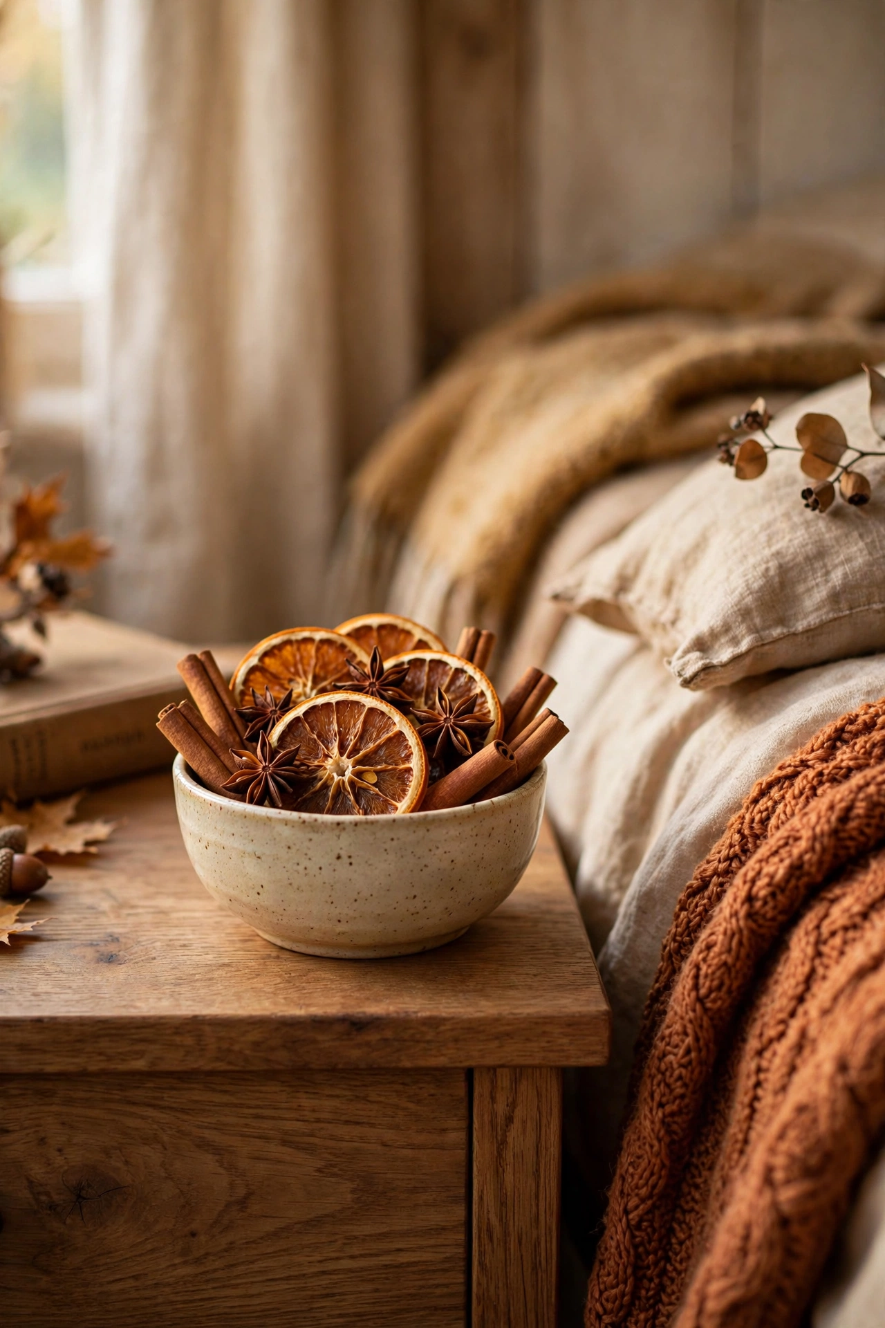 Bowl of dried orange slices and cinnamon sticks on a nightstand
