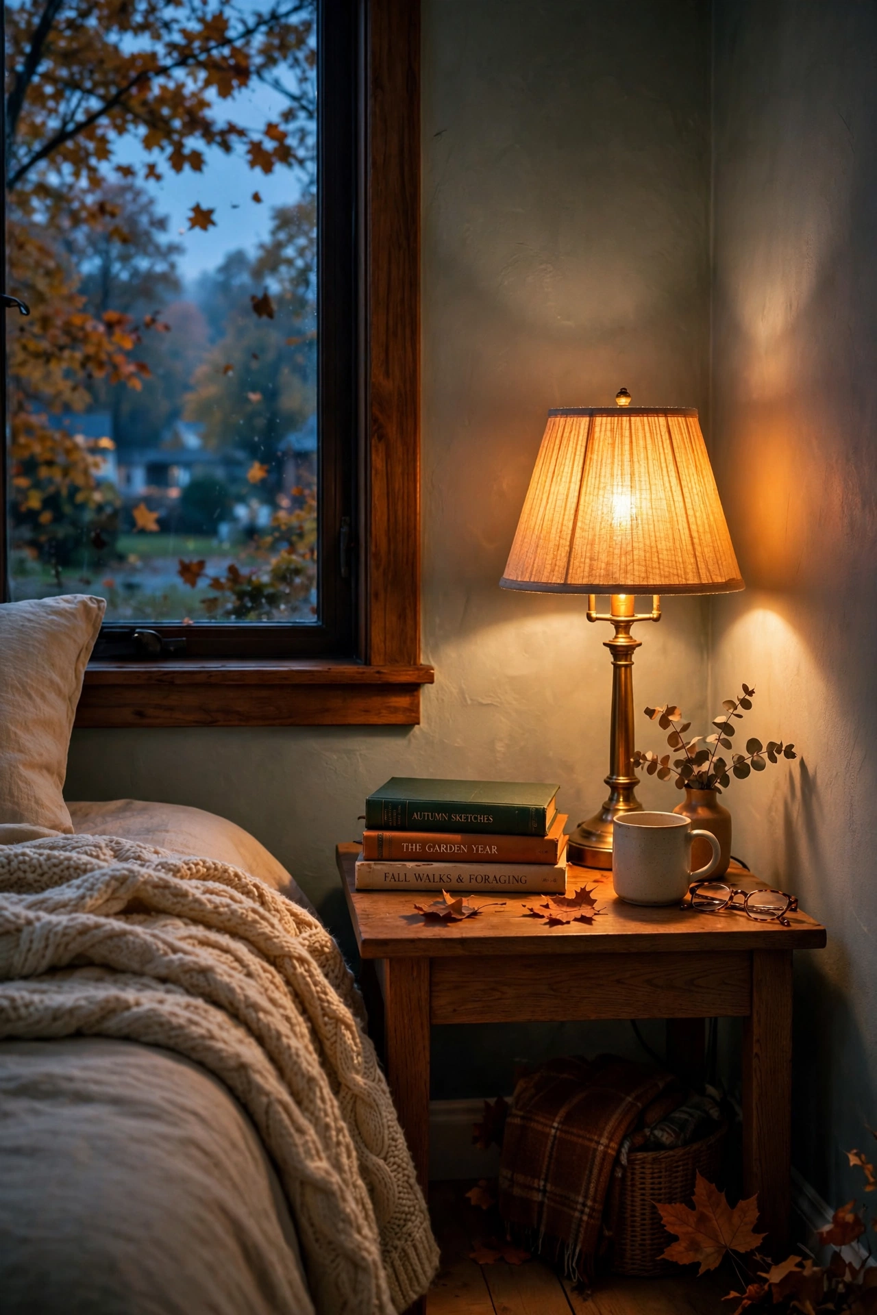 Warm white light bulb glowing in a bedside lamp