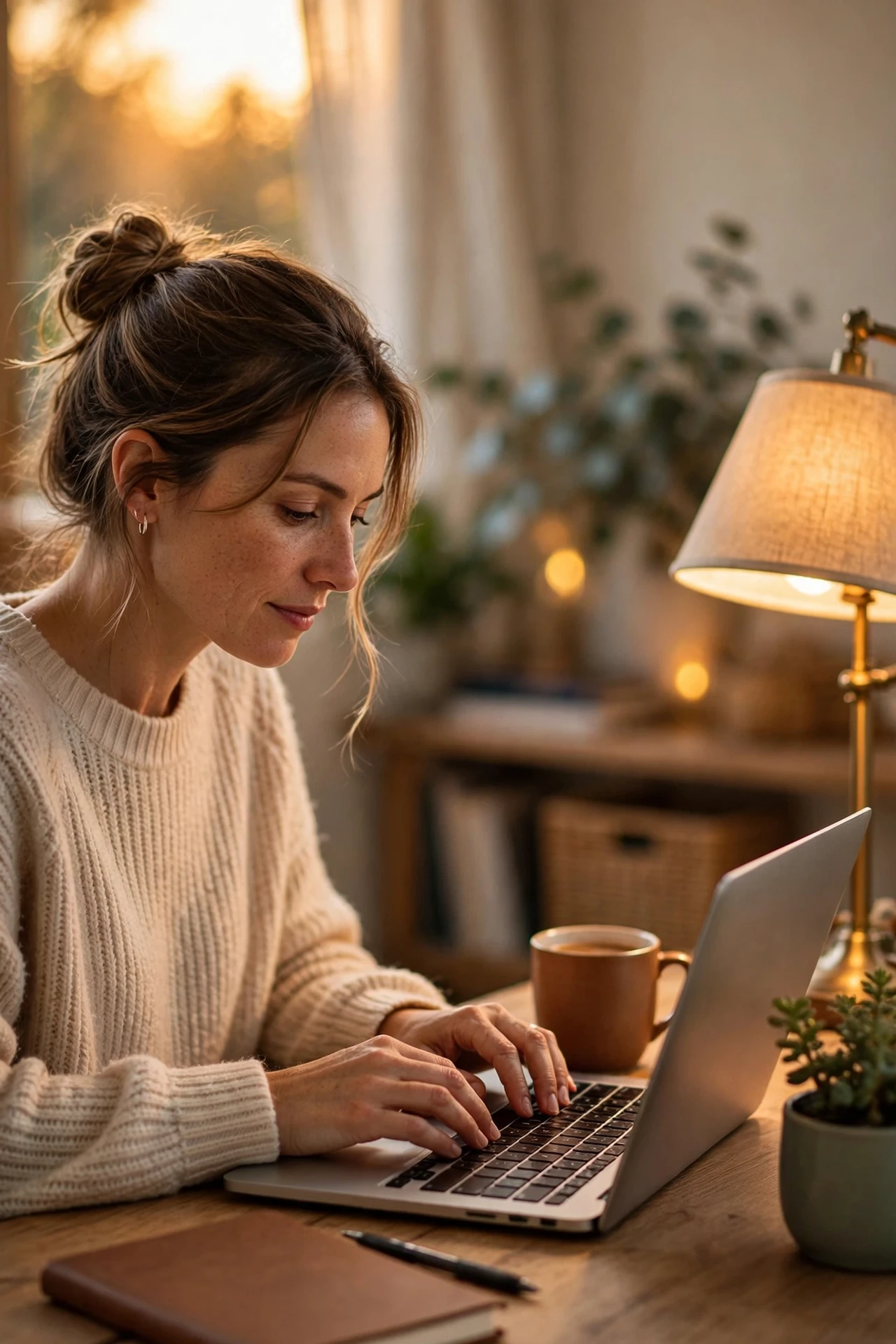 Woman working on a laptop at a cozy home desk