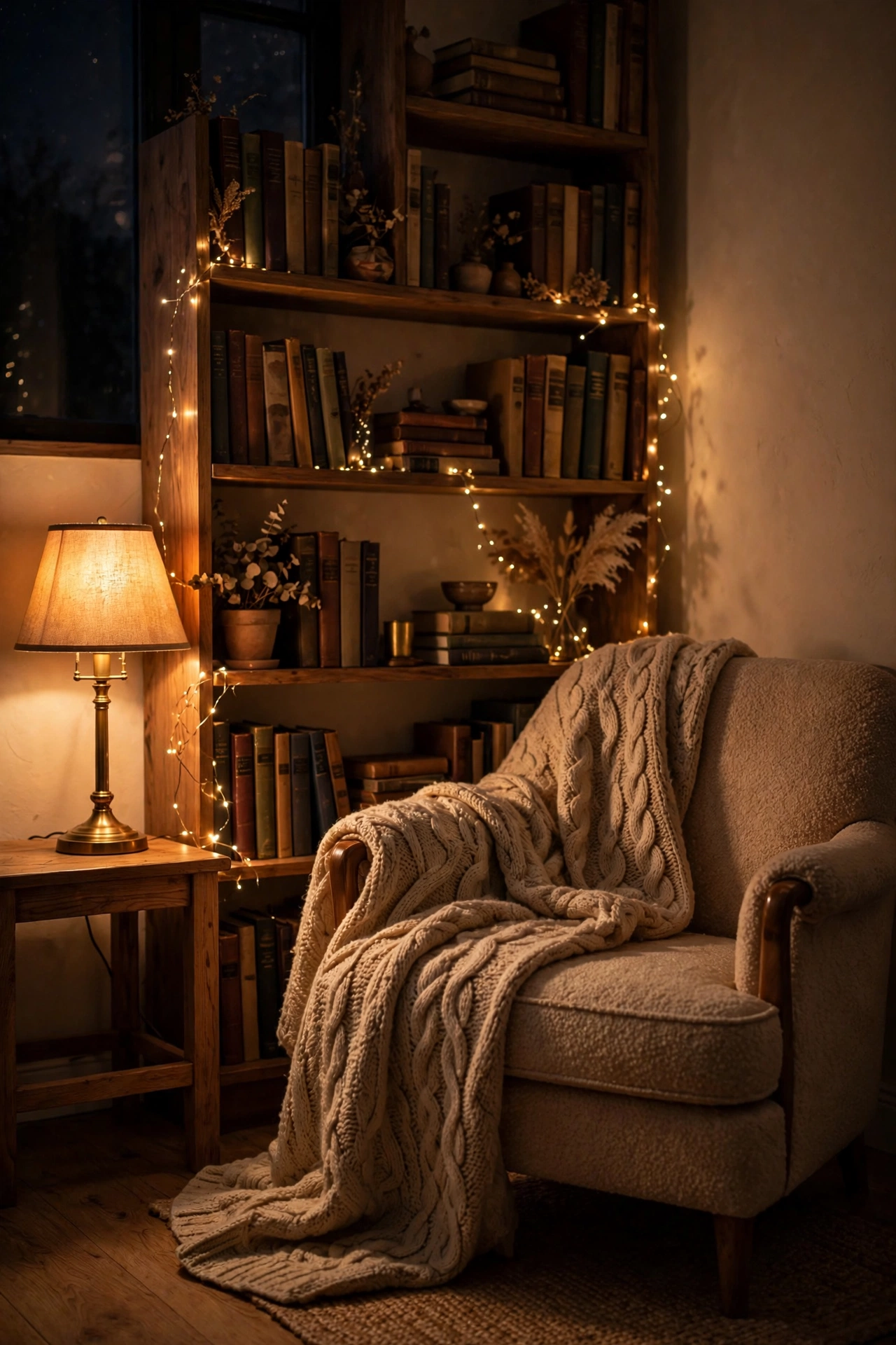 Warm table lamp glowing in a cozy layered-lighting corner