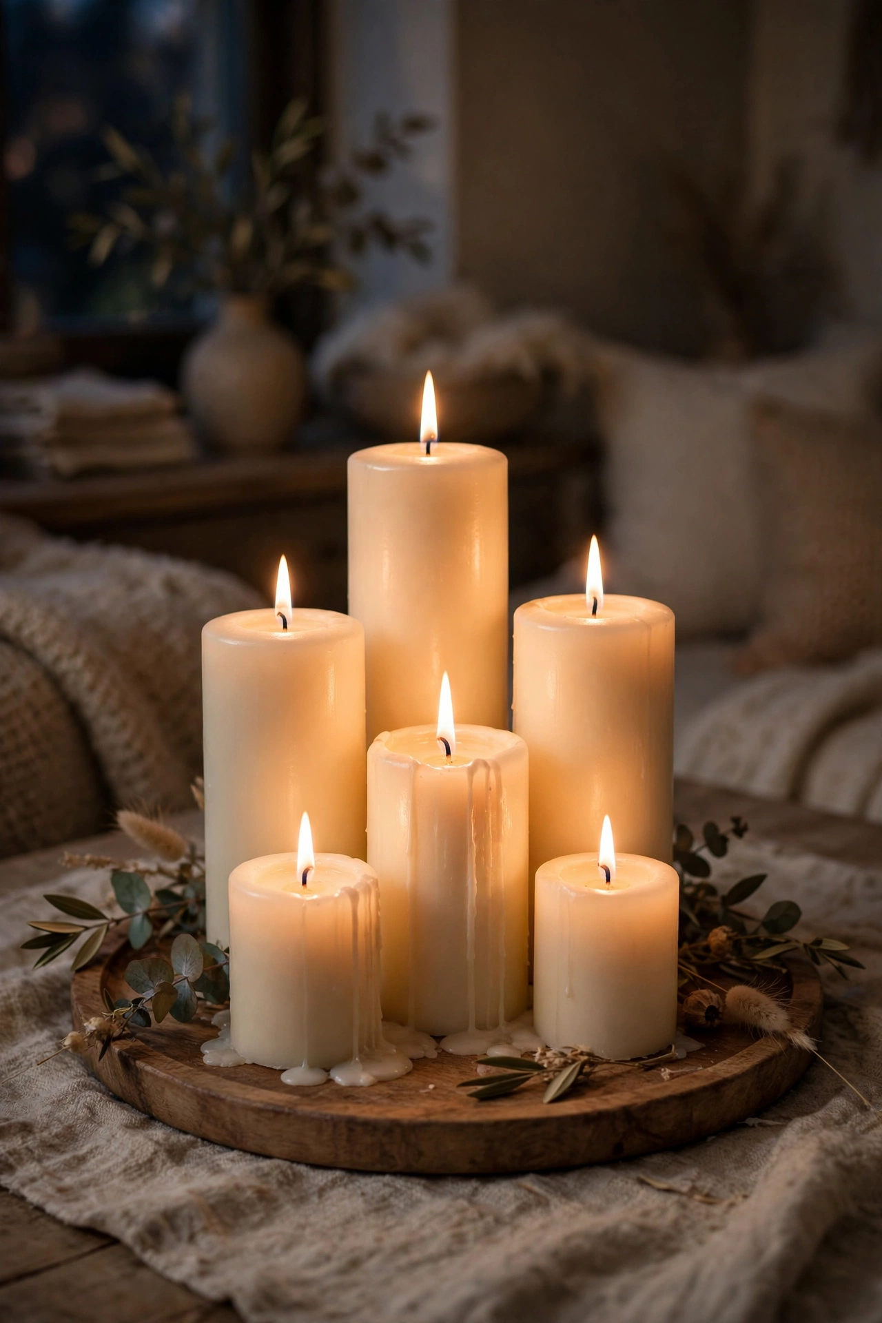 Cluster of pillar candles glowing on a tray