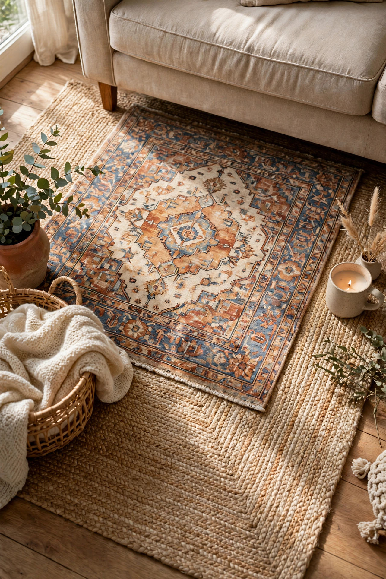 Layered rugs adding depth to a living room floor