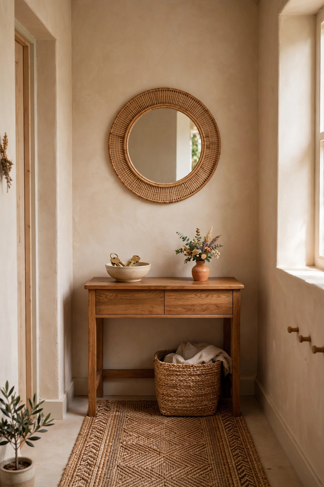 Refreshed entryway with a small rug, mirror, and key bowl