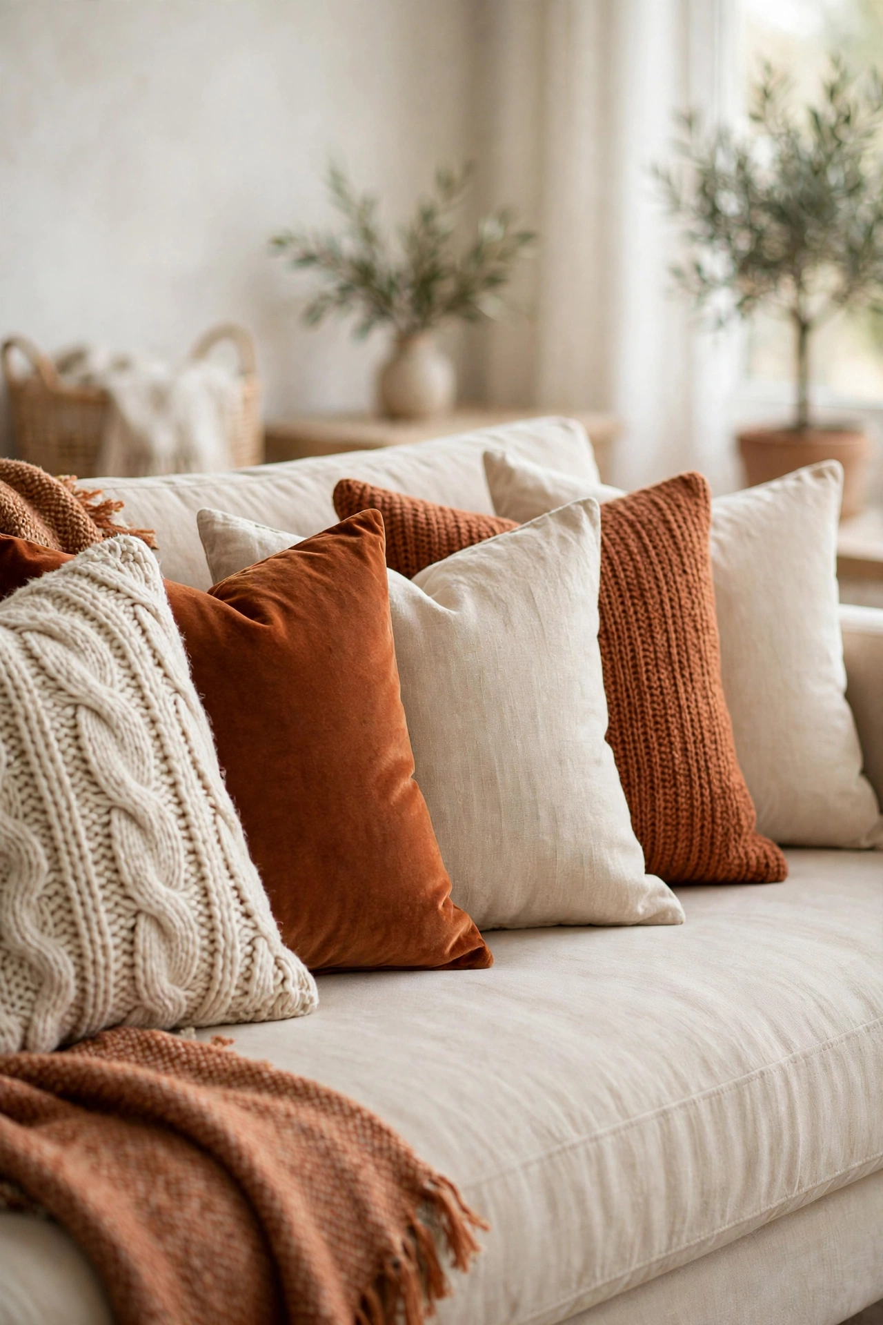 Sofa styled with an odd number of throw pillows in mixed textures