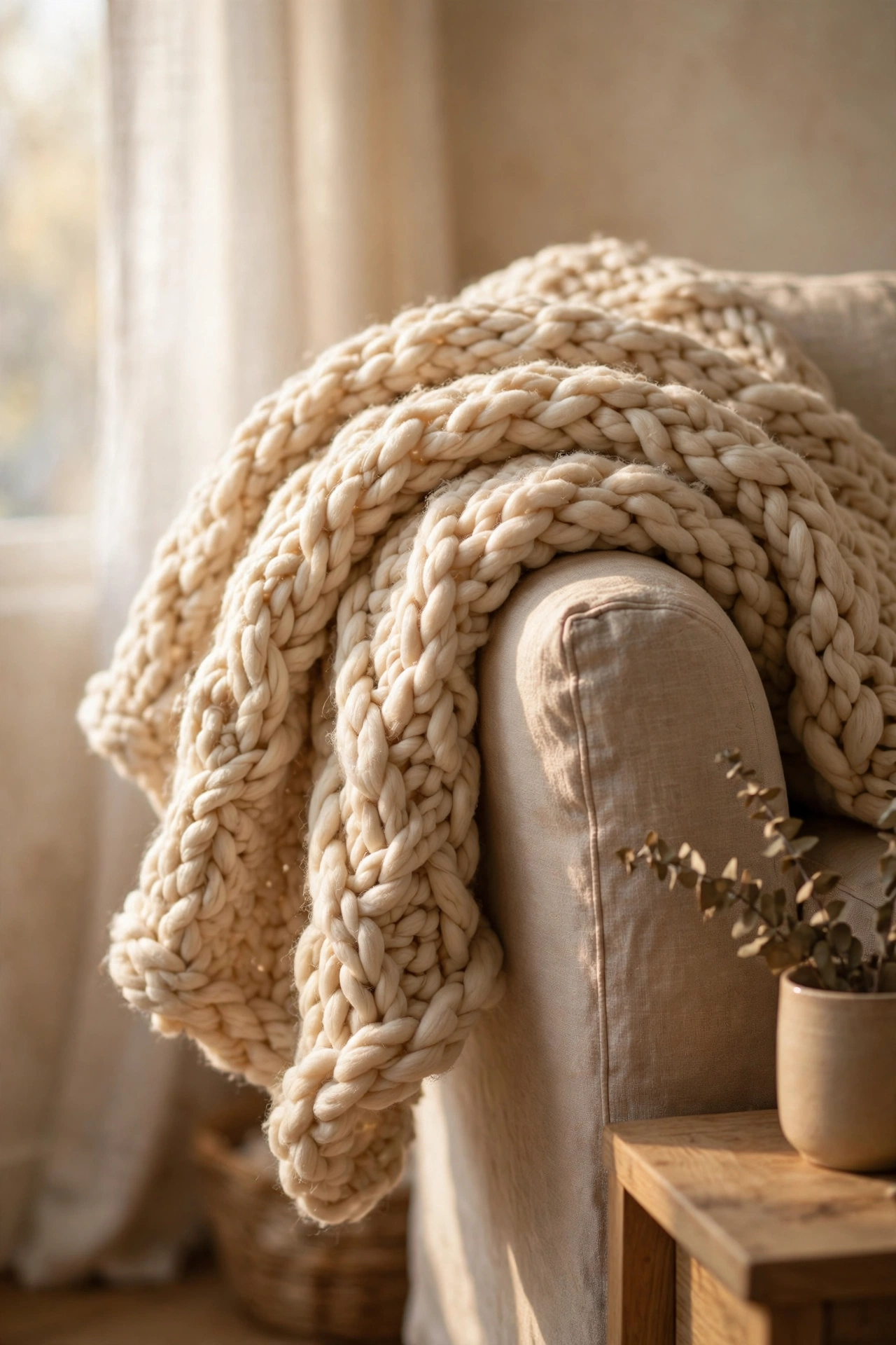 Chunky knit throw blanket draped over a sofa arm