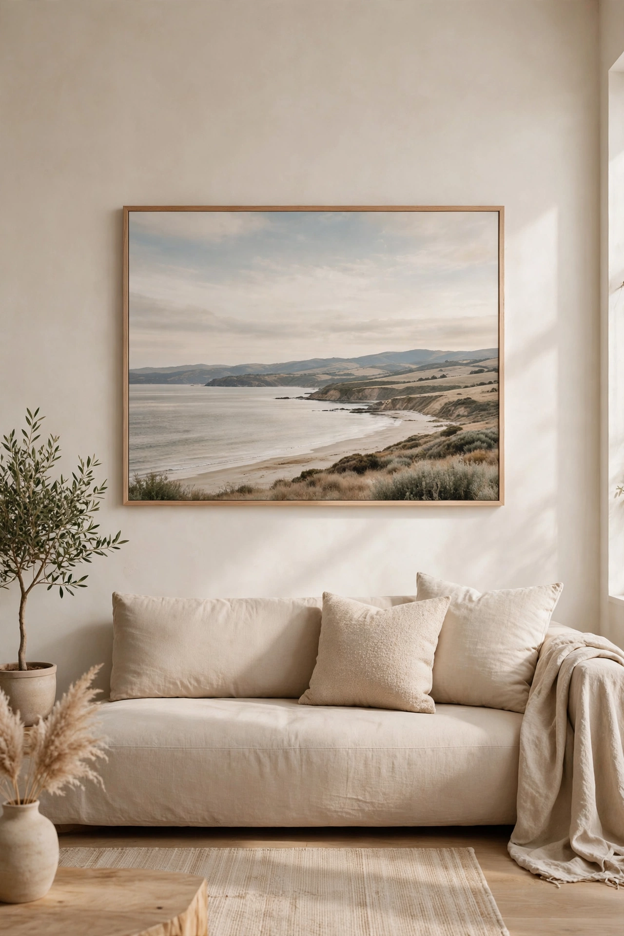 One large piece of wall art hung above a sofa