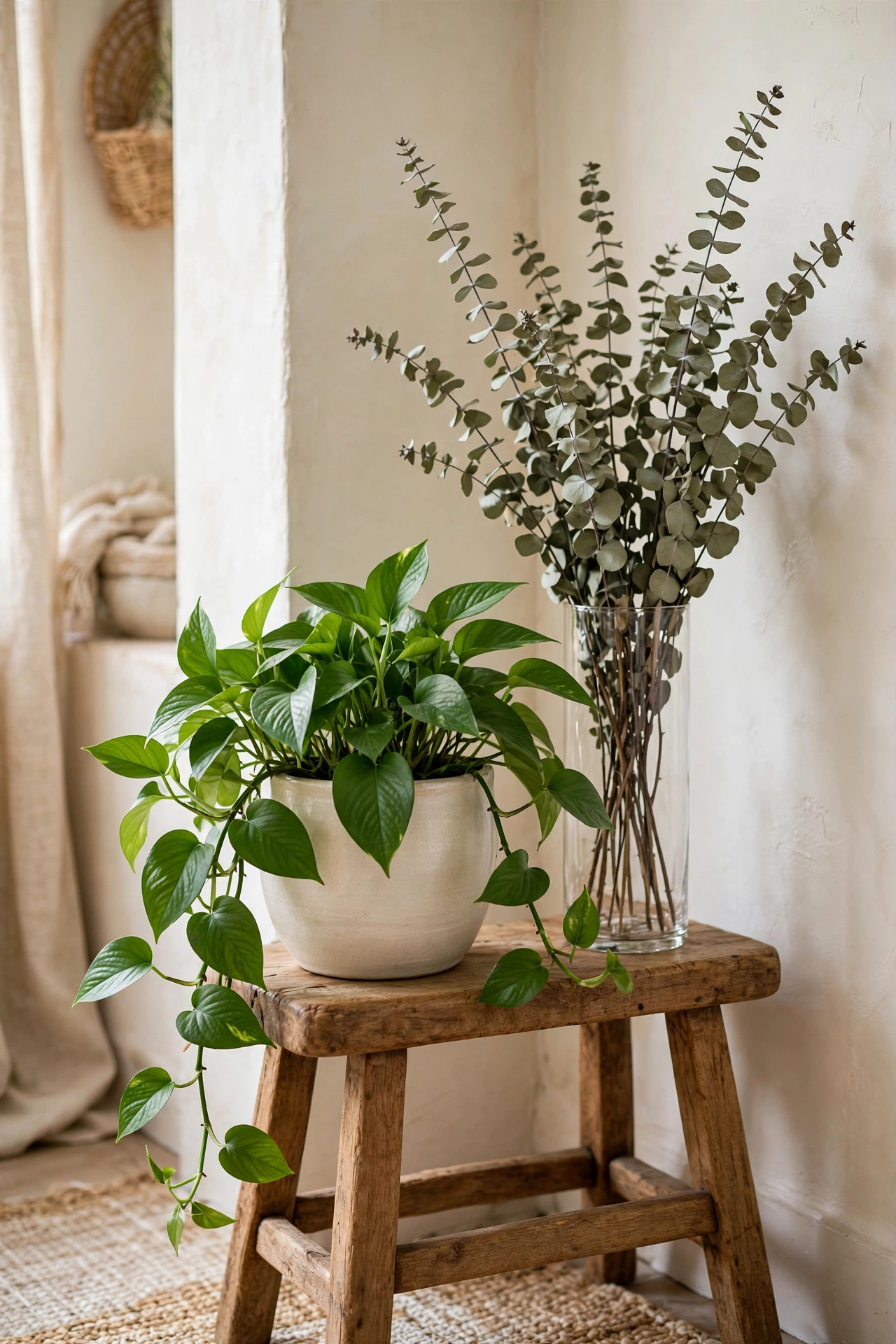 Vase of eucalyptus stems adding something living to a room