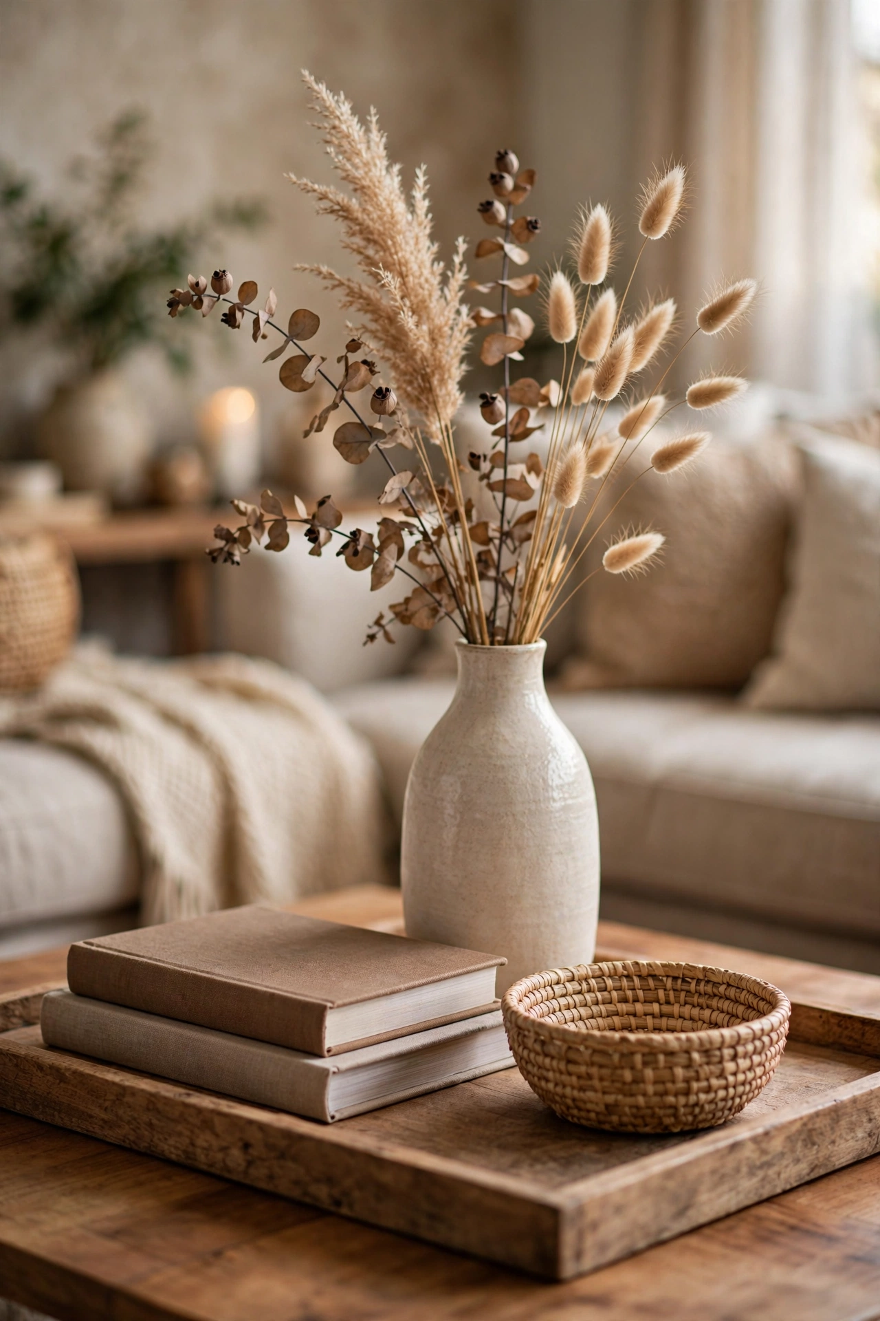 Coffee table styled in threes with a vase, books, and a bowl
