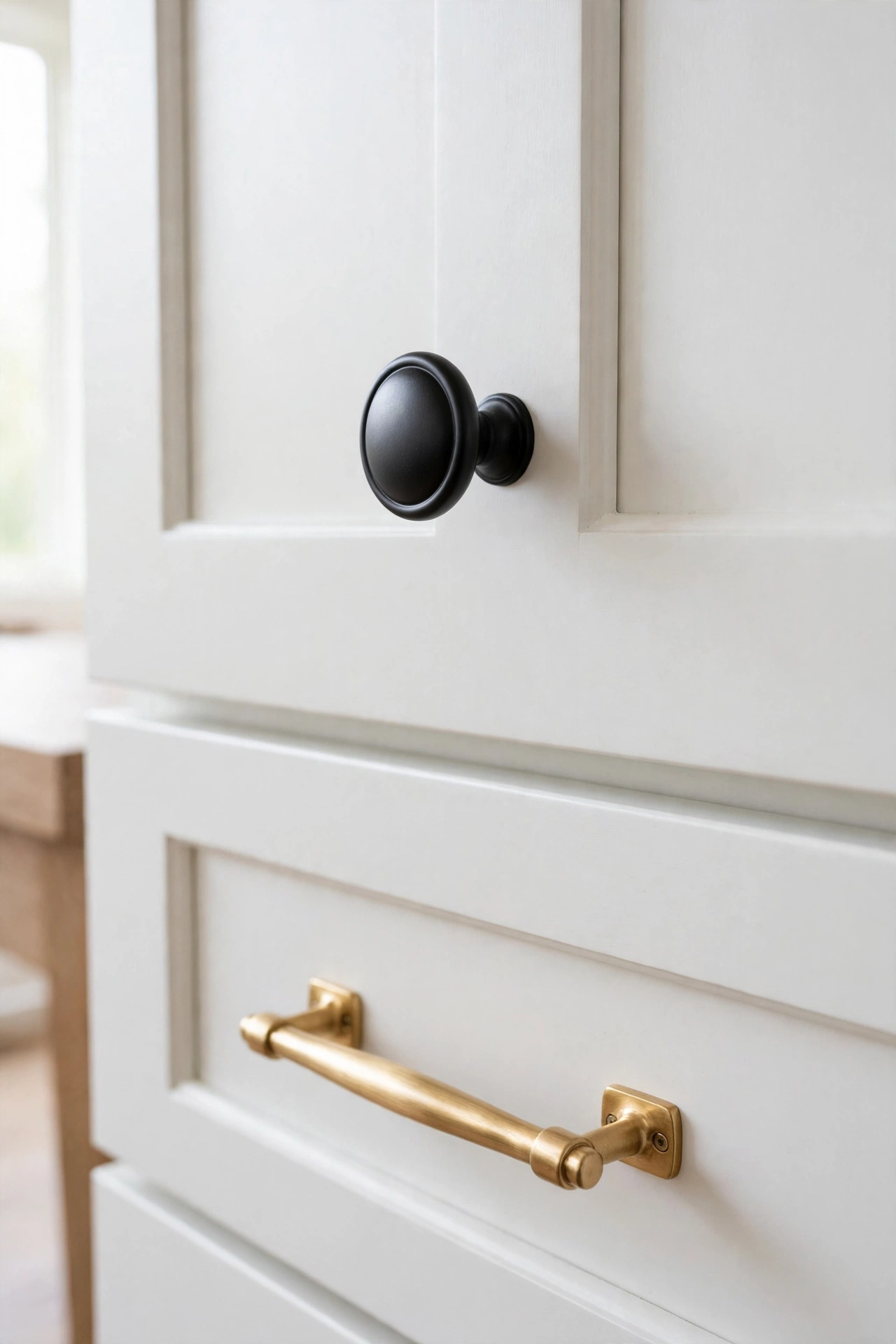 Upgraded brass cabinet hardware on a dresser drawer