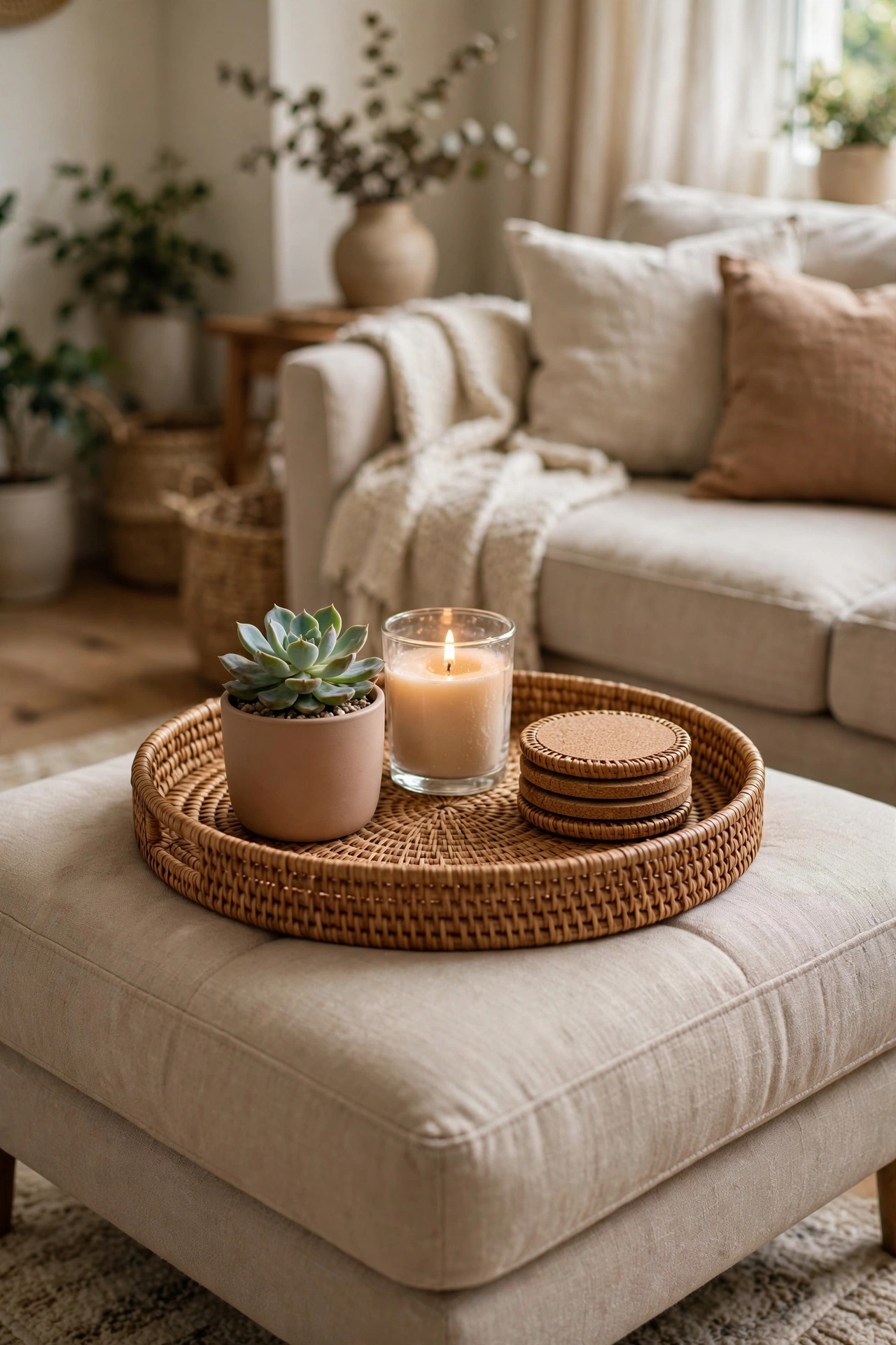 Decor tray creating a styled moment on an ottoman