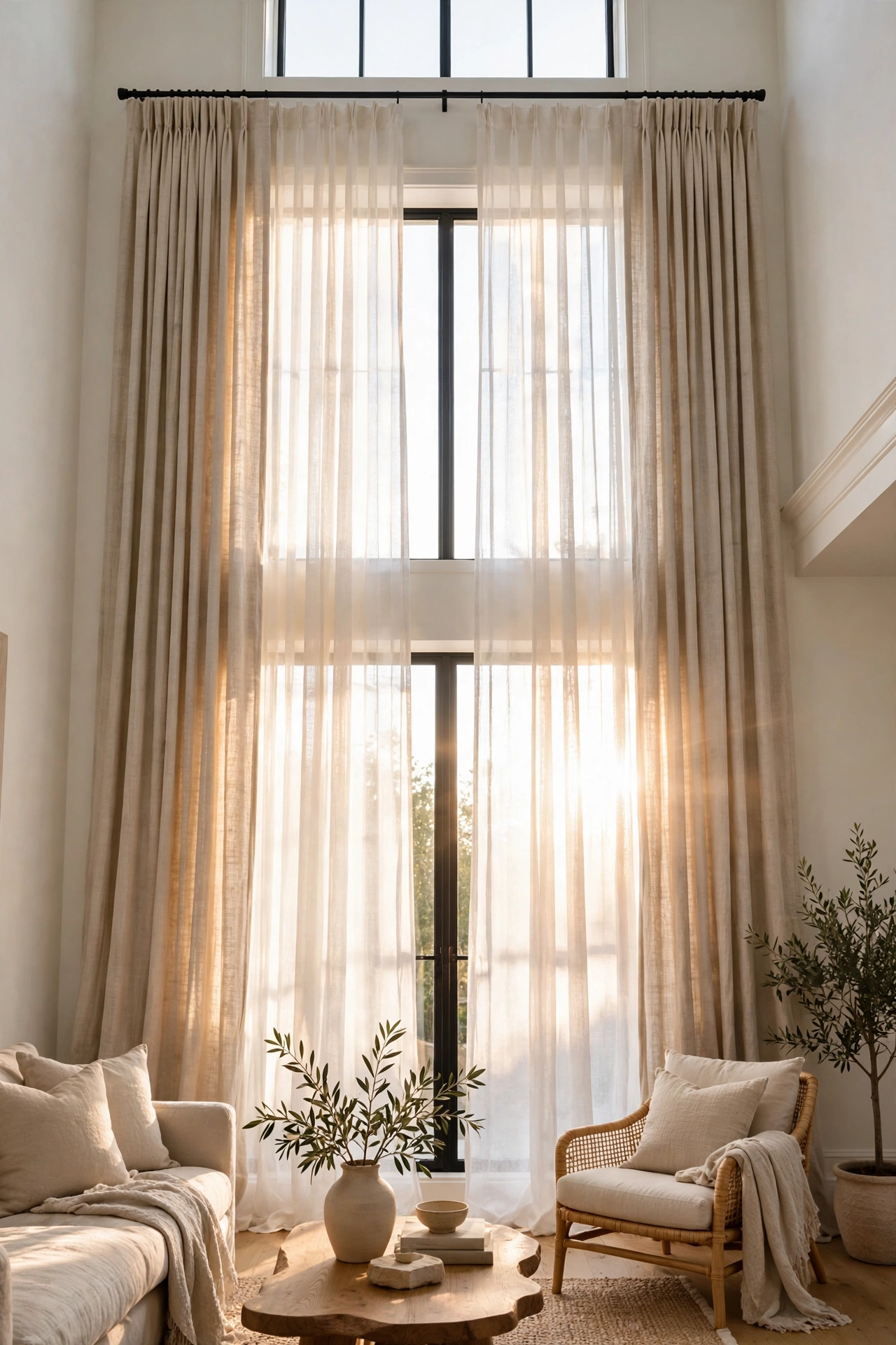 Curtains hung high and wide over a window