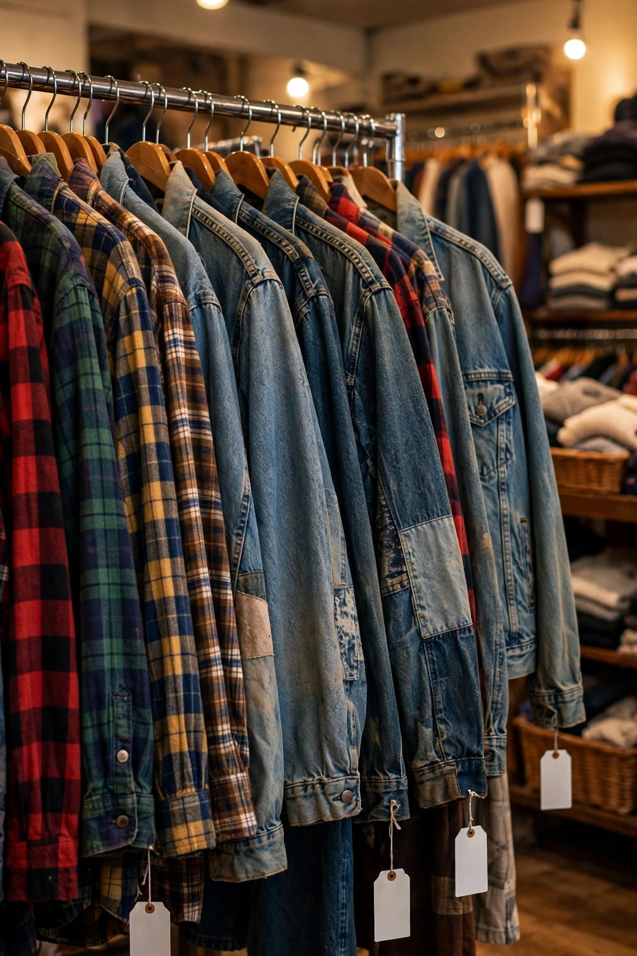 Woman browsing a thrift store clothing rack