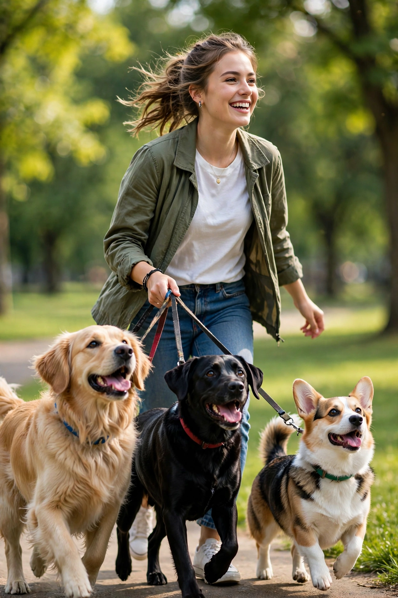 Person walking two happy dogs in a park