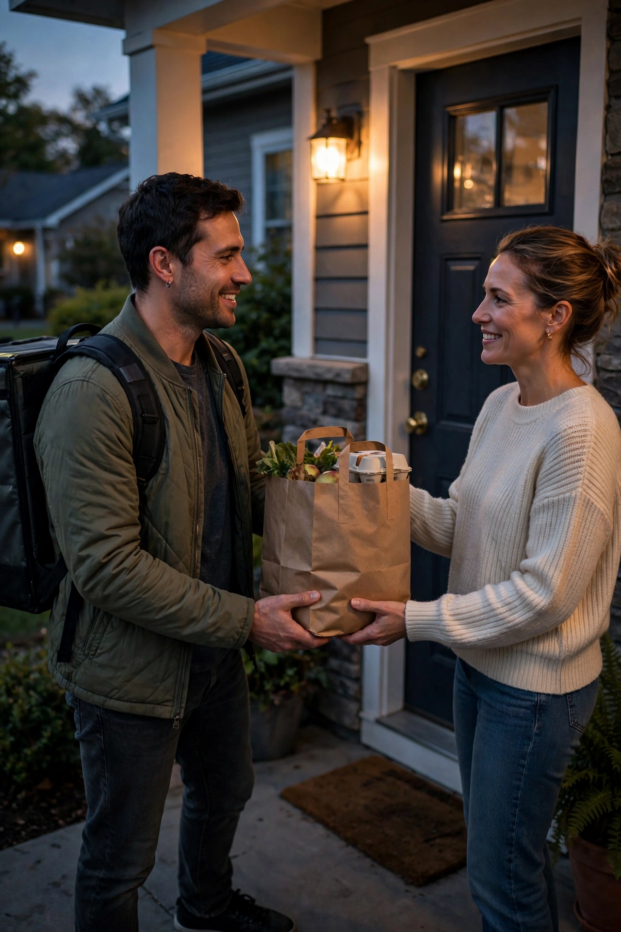 Food delivery driver handing over an order
