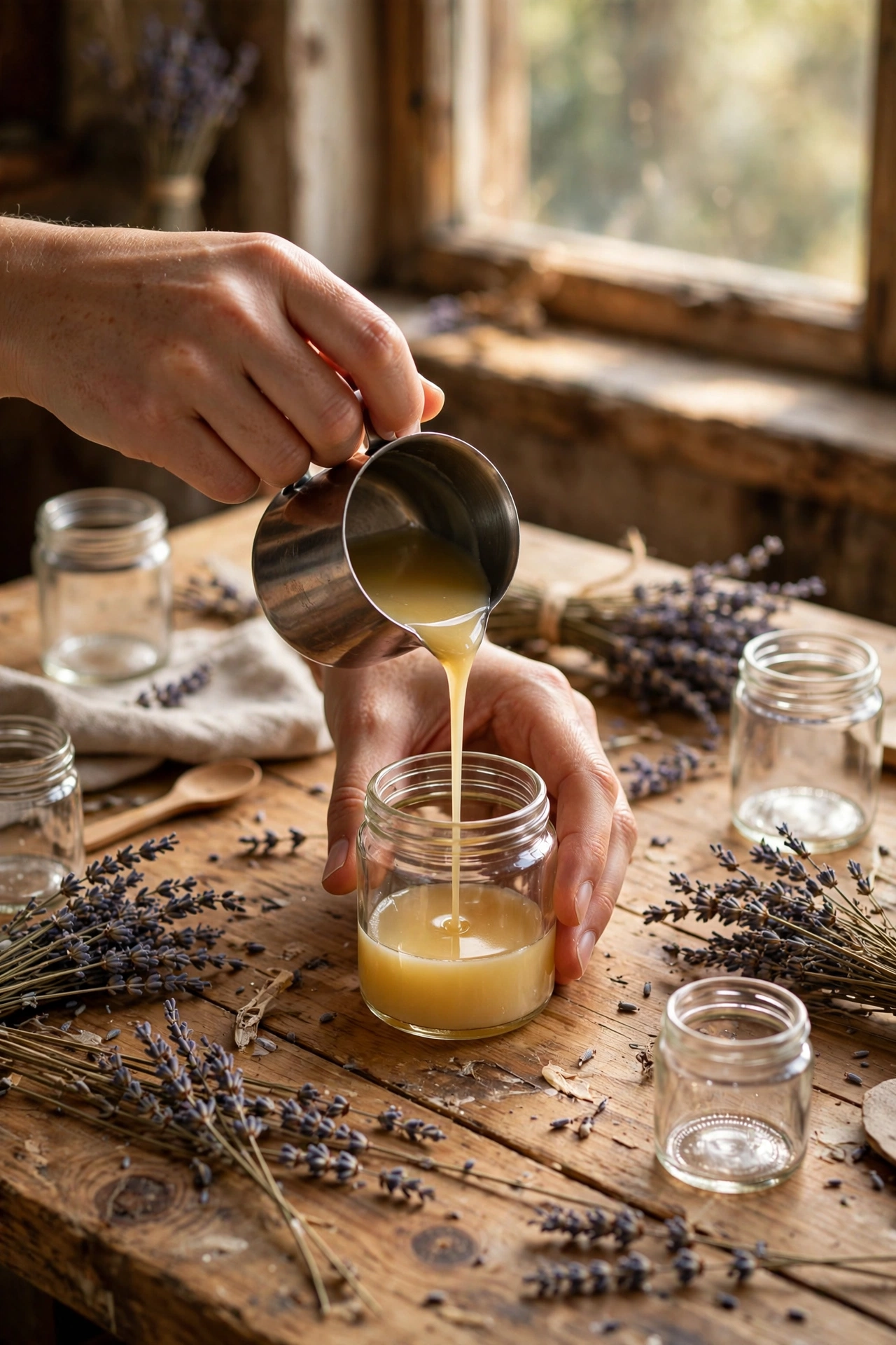 Handmade candles and crafts on a workbench